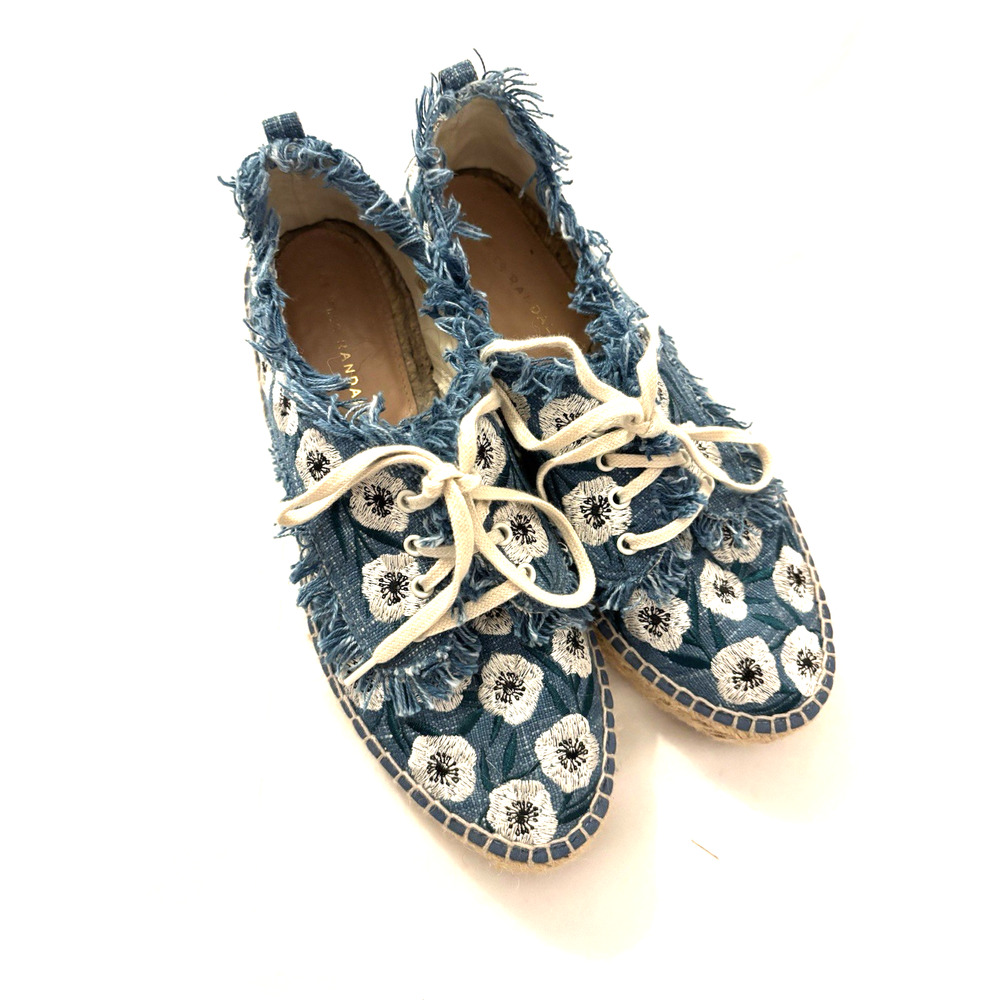Loeffler Randall Blue Floral Embroidered Denim Lace-Up Espadrille Flats